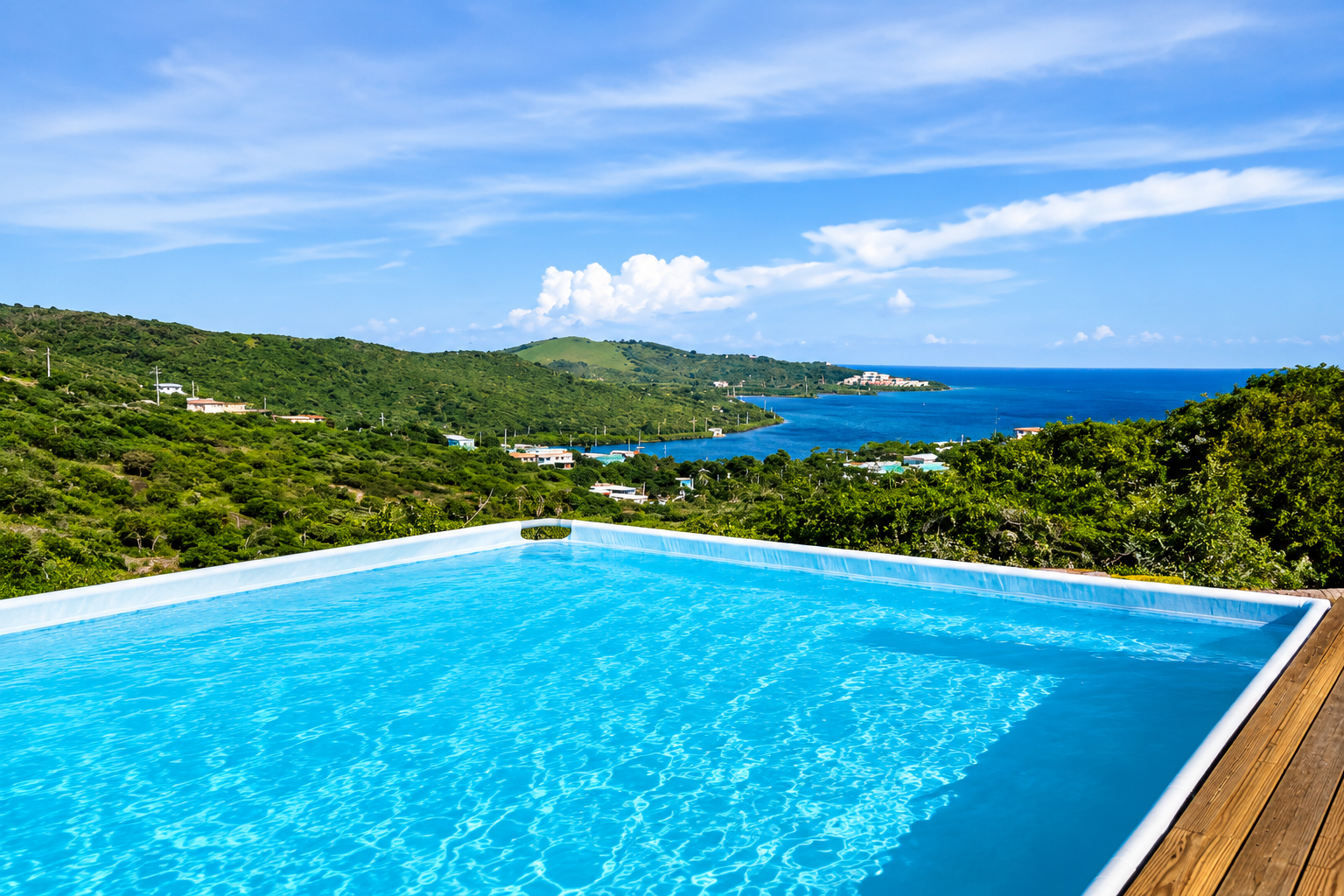 Infinity pool overlooking Culebra's green hills and the Caribbean horizon